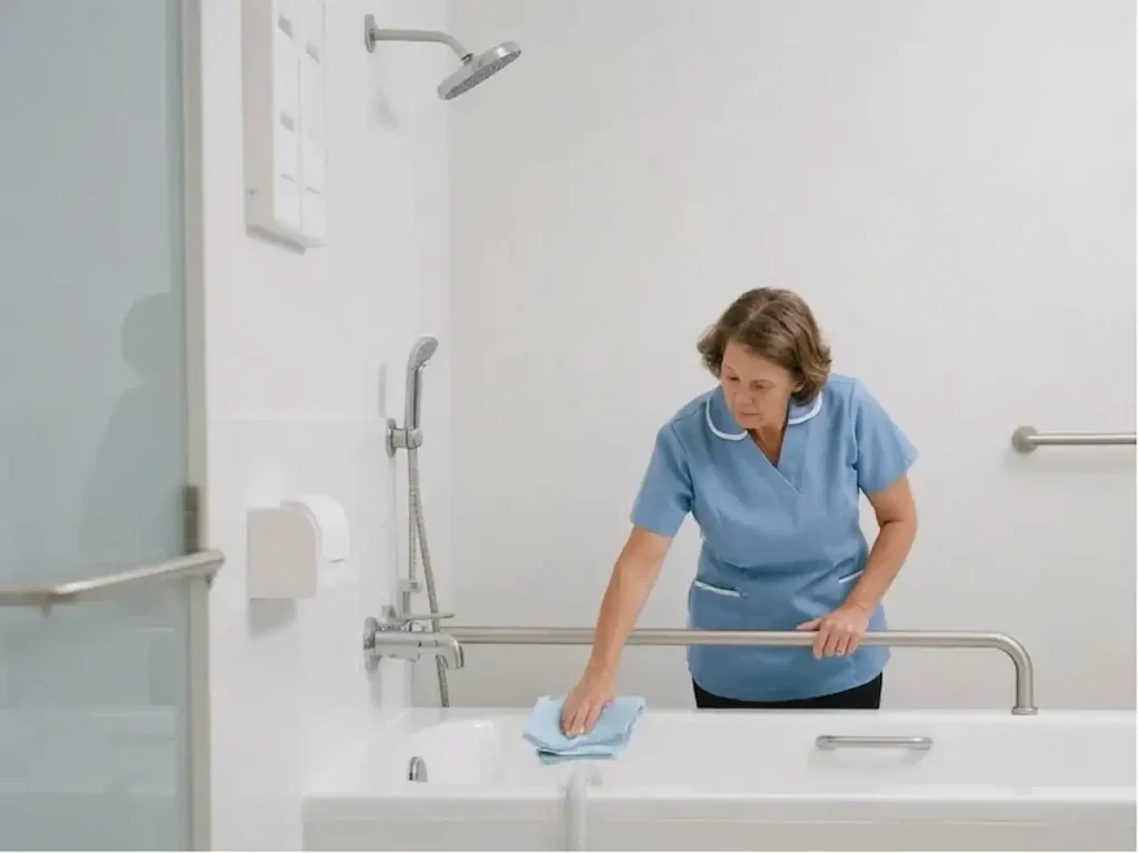 Caregiver cleaning a bathtub with safety grab bars in an accessible bathroom.