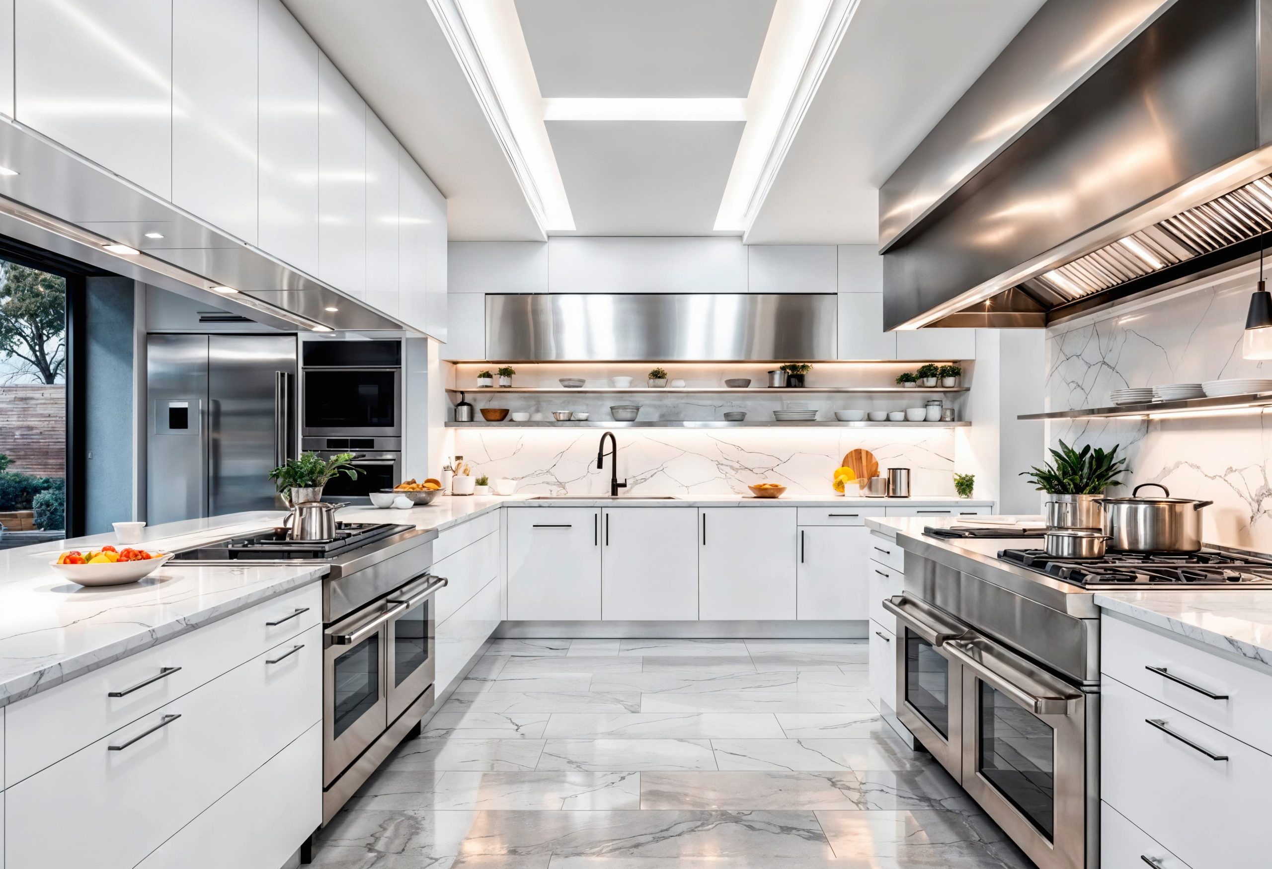Luxury modern white kitchen remodeling with stainless steel appliances, marble countertops, and custom cabinetry.