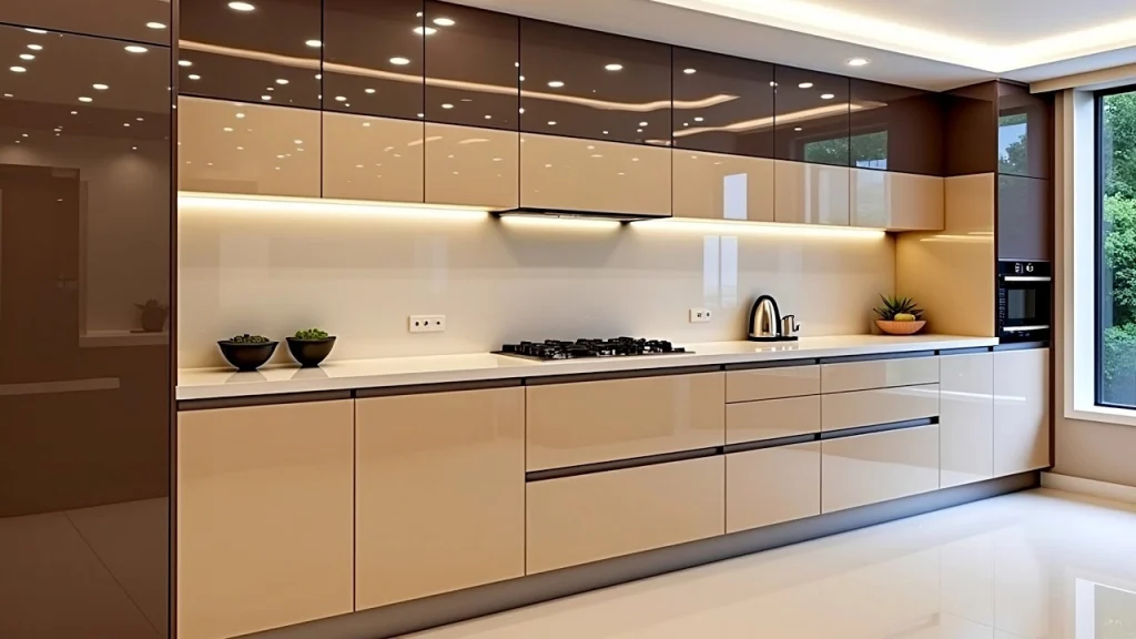 Modern kitchen remodeling in Hampton VA with high-gloss cabinets, under-cabinet lighting, and sleek minimalist design.