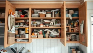 Cluttered kitchen cabinets filled with dishes, containers, and food items showing overcrowded storage space.
