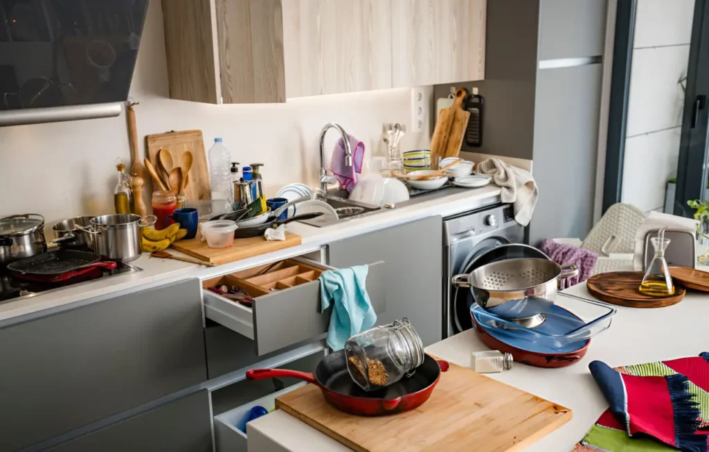 Messy kitchen with cluttered countertops, open drawers, and unorganized utensils showing repeated storage problems.