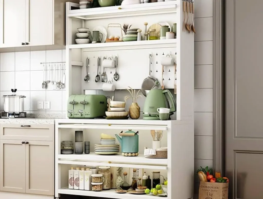 Organized kitchen shelves with utensils, jars, and appliances showing practical storage solutions without remodeling