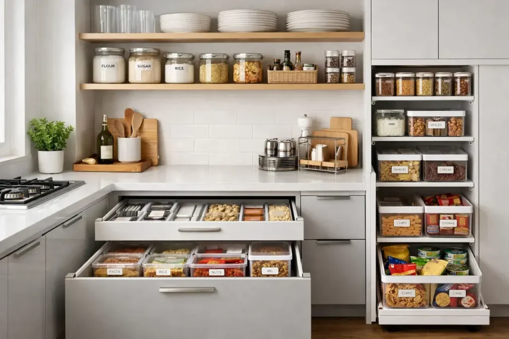 Modern kitchen storage system with labeled containers, organized drawers, and pantry shelves for efficient space management