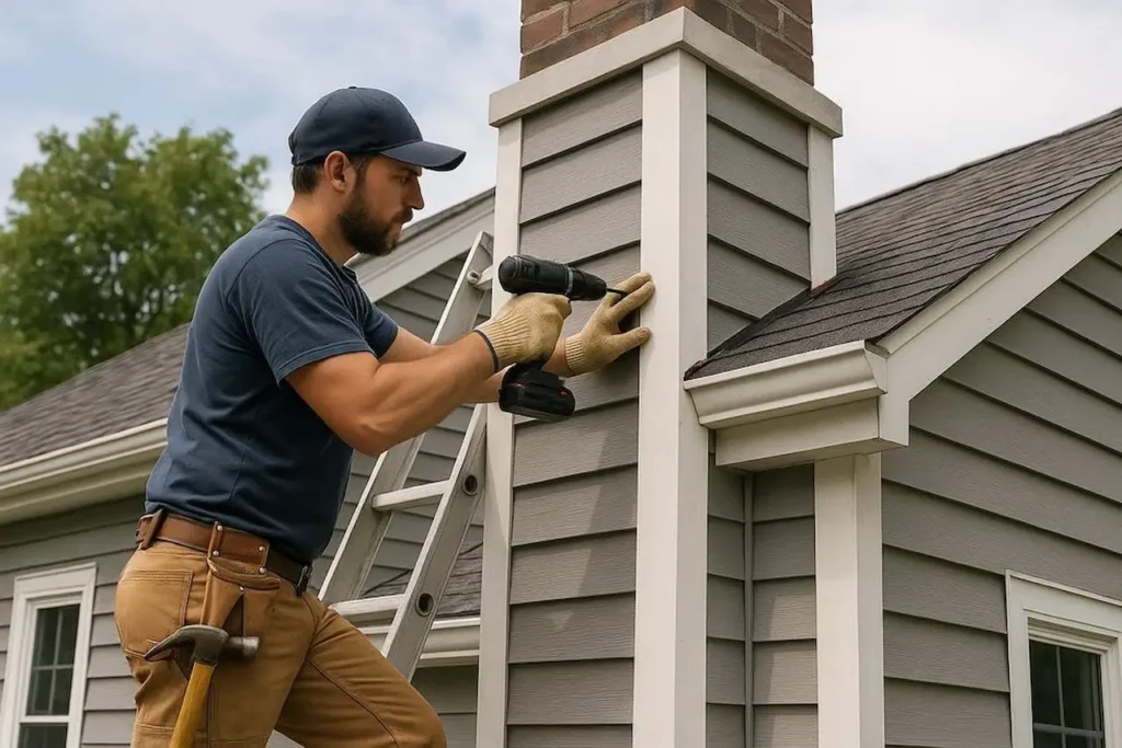 homeowner using drill to repair exterior house siding showing common DIY home maintenance mistakes