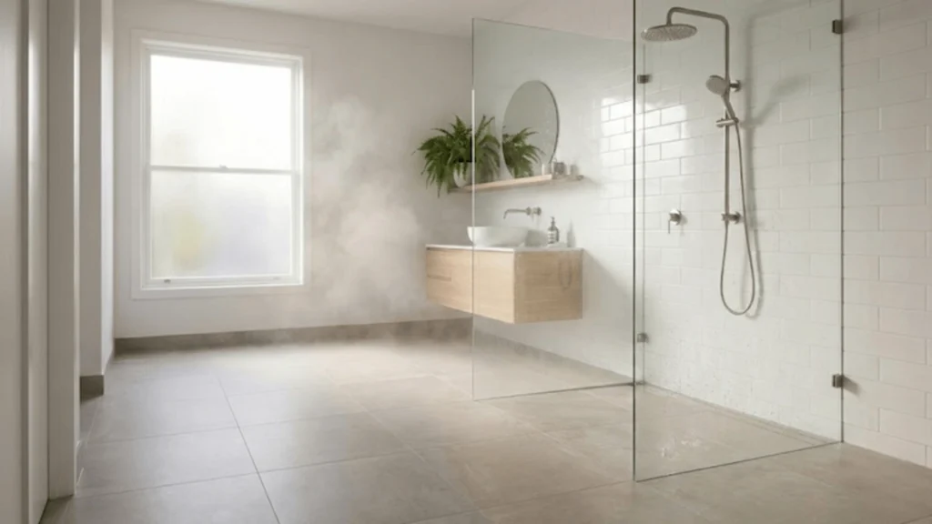 Bright modern bathroom with walk-in glass shower, rainfall showerhead, floating vanity, and natural light creating a clean spa-like space