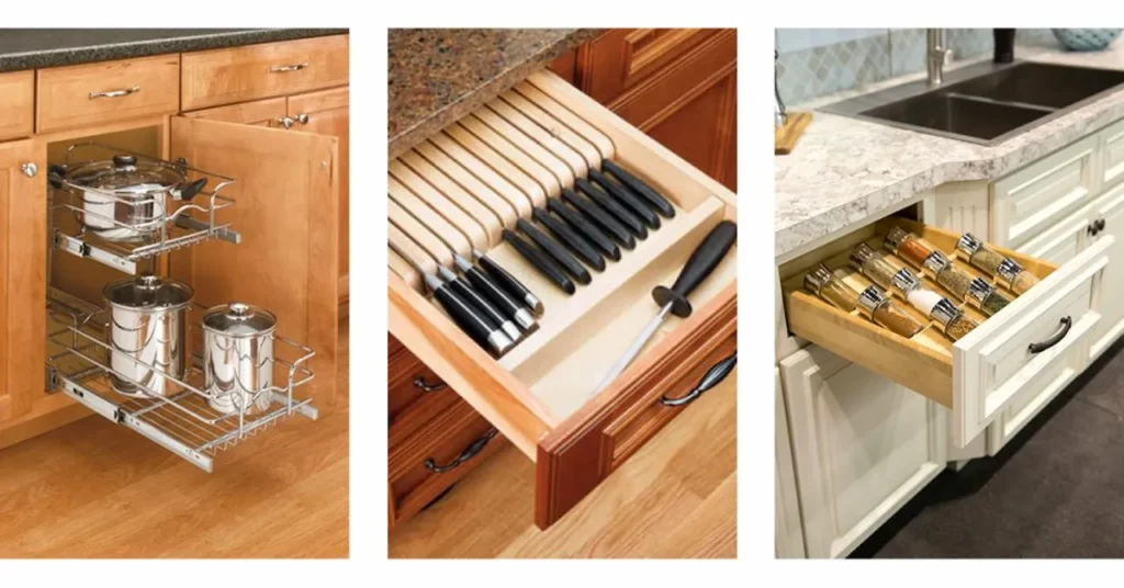 Kitchen cabinet organization solutions with pull-out shelves, knife drawer, and spice storage