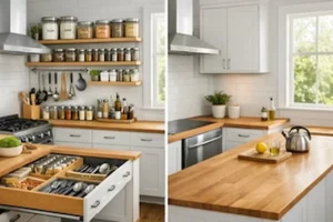Kitchen cabinets and drawers with organized storage showing shelves, utensils, and accessible layout