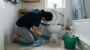 Person cleaning toilet in bathroom but struggling to maintain cleanliness and comfort