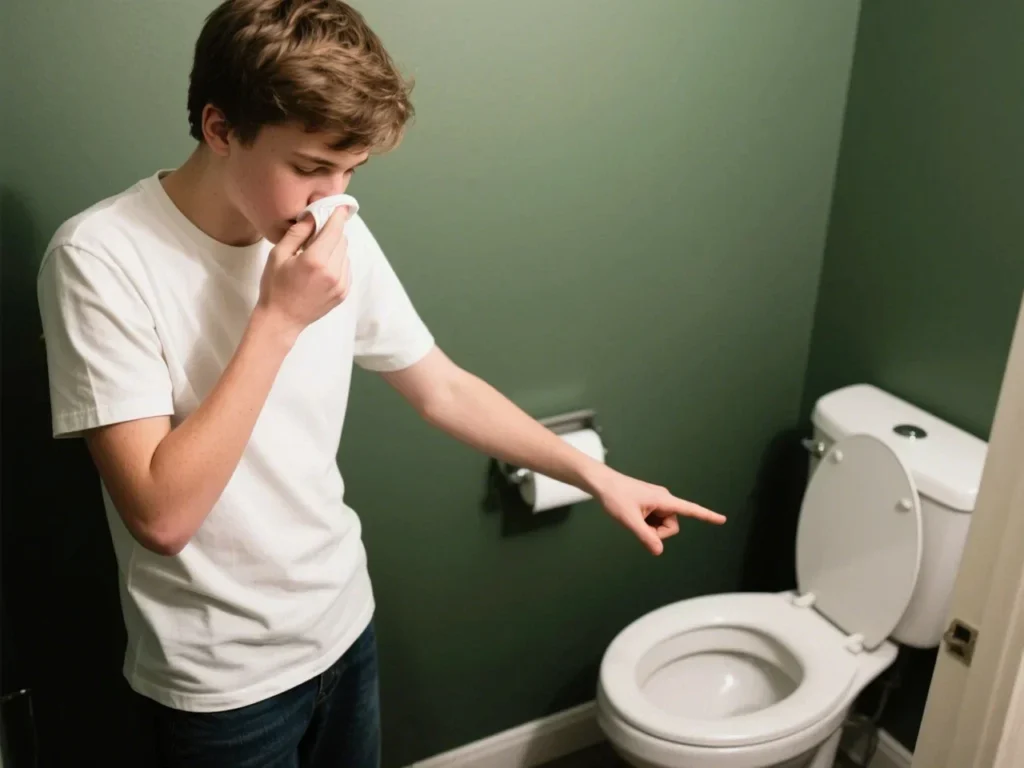 Person covering nose and pointing at toilet due to bad smell and bathroom hygiene issue