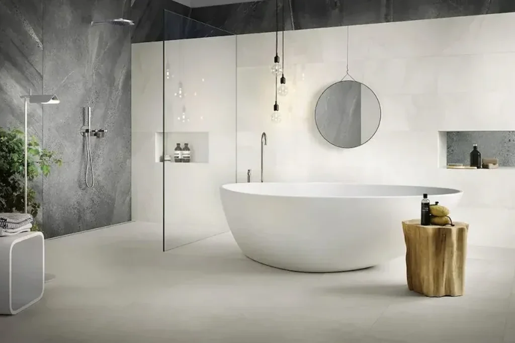 Modern minimalist bathroom design with freestanding bathtub and walk-in shower for improved hygiene